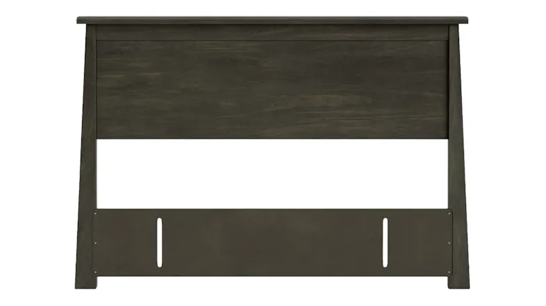 Front view of a bed upper frame in Greywash finish, with a flat panel, angled sides, and a lower mounting board Front view of a bed upper frame in Greywash finish, with a flat panel, angled sides, and a lower mounting board