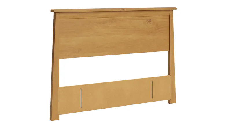 Angled front view of a Light Rimu bed back panel, showing its smooth surface, top ledge, and lower mounting board Angled front view of a Light Rimu bed back panel, showing its smooth surface, top ledge, and lower mounting board