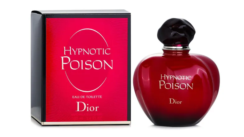 Dior Hypnotic Poison Eau de Toilette red bottle with black cap next to matching red and black box Dior Hypnotic Poison Eau de Toilette red bottle with black cap next to matching red and black box