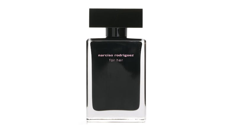 Black rectangular perfume bottle labelled Narciso Rodriguez for Her with a wide black cap Black rectangular perfume bottle labelled Narciso Rodriguez for Her with a wide black cap