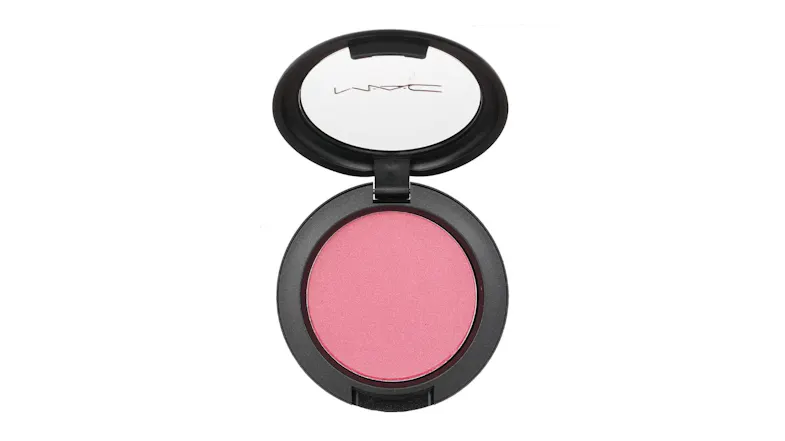 Open MAC compact with pink Sheertone Shimmer Blush in a black round case with a clear lid Open MAC compact with pink Sheertone Shimmer Blush in a black round case with a clear lid