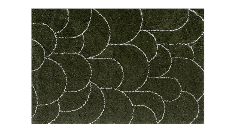 Turret Rug in Olive shown from above, featuring an overlapping pattern of curved, scallop‑like lines Turret Rug in Olive shown from above, featuring an overlapping pattern of curved, scallop‑like lines