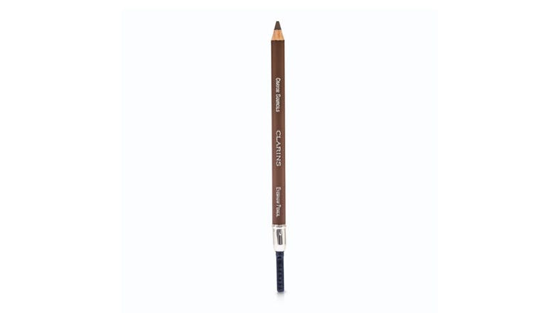 A front view of the Clarin eyebrow pencil showing its pencil tip and brush A front view of the Clarin eyebrow pencil showing its pencil tip and brush