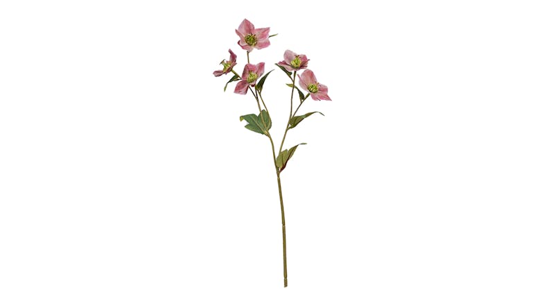 A faux hellebore flower spray featuring five blooms and mauve petals, along with several leaves on a flexible stem A faux hellebore flower spray featuring five blooms and mauve petals, along with several leaves on a flexible stem