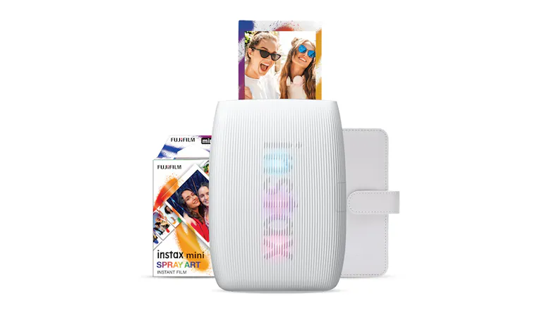 Mini Link 3 Gift Pack showing the instant photo printer, Spray Art film, and a white album Mini Link 3 Gift Pack showing the instant photo printer, Spray Art film, and a white album
