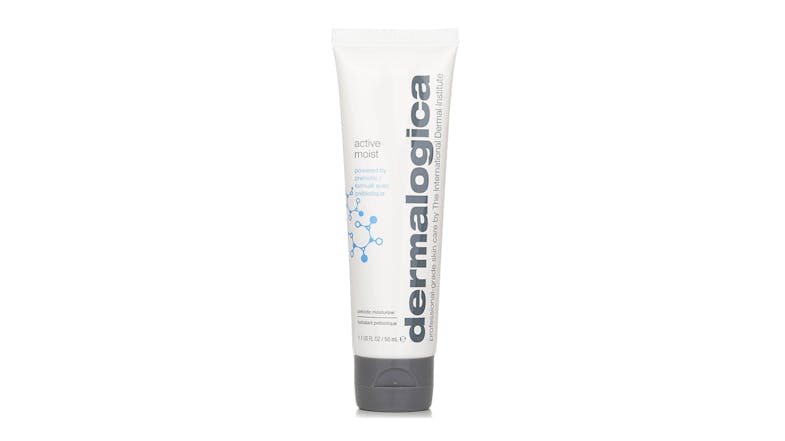 Front view of Dermalogica Active Moist 50ml tube in white and gray packaging Front view of Dermalogica Active Moist 50ml tube in white and gray packaging
