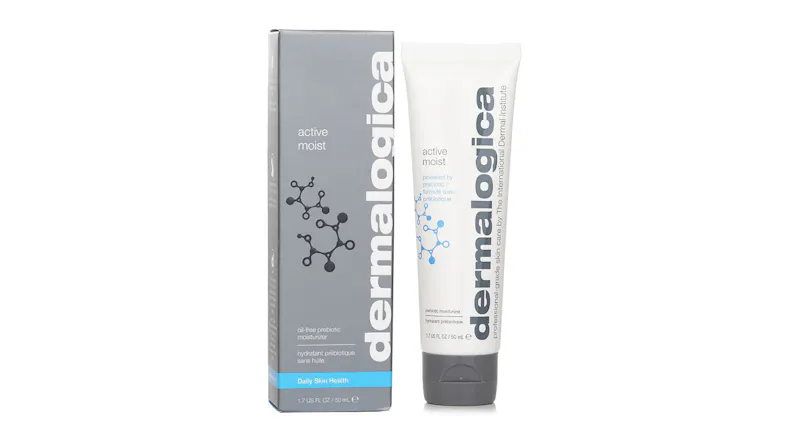 50ml Dermalogica Active Moist tube standing next to its grey retail box 50ml Dermalogica Active Moist tube standing next to its grey retail box