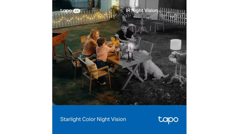 Promotional graphic of Tapo security camera showcasing Starlight Colour Night Vision Promotional graphic of Tapo security camera showcasing Starlight Colour Night Vision
