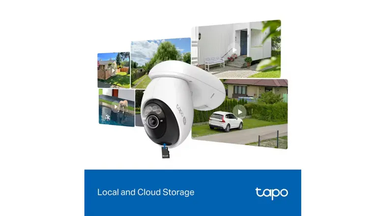 Promotional graphic of Tapo security camera showcasing Local and Cloud Storage Promotional graphic of Tapo security camera showcasing Local and Cloud Storage
