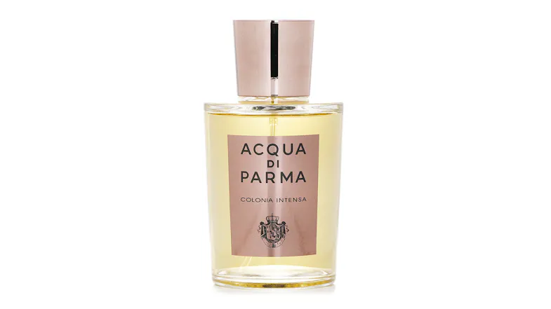 Front view of the Acqua Di Parma Colonia Intensa bottle featuring a bronze label with black text and a royal crest Front view of the Acqua Di Parma Colonia Intensa bottle featuring a bronze label with black text and a royal crest