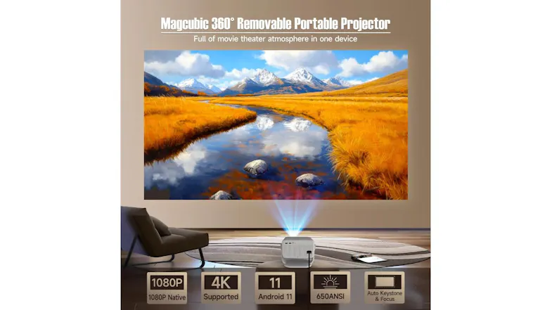 L018 projecting a vivid mountain and river scene onto a wall, with text highlighting features L018 projecting a vivid mountain and river scene onto a wall, with text highlighting features