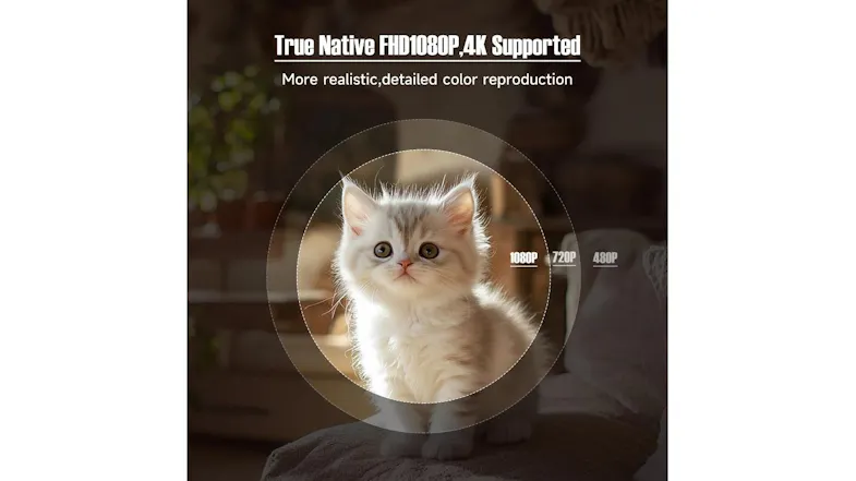 Close-up of a kitten with text highlighting the projector’s true native 1080P resolution and 4K support Close-up of a kitten with text highlighting the projector’s true native 1080P resolution and 4K support