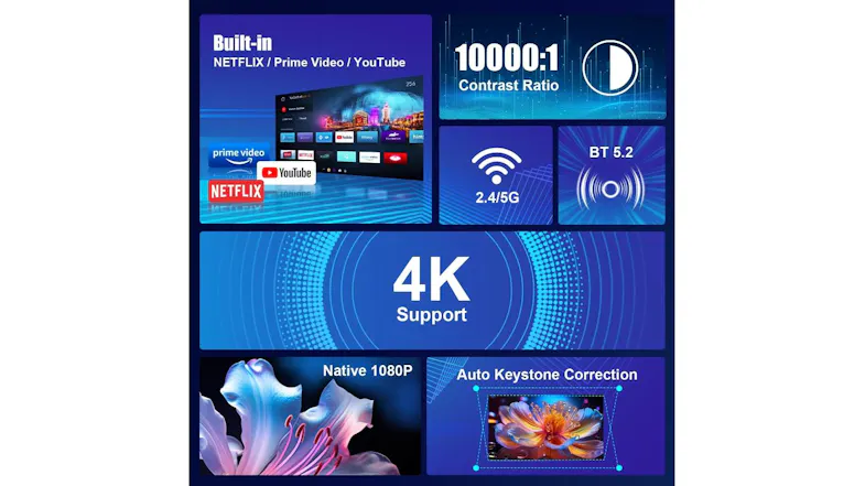 Feature collage for a projector showing built-in streaming apps, 4K support, dual-band WiFi, and Bluetooth Feature collage for a projector showing built-in streaming apps, 4K support, dual-band WiFi, and Bluetooth