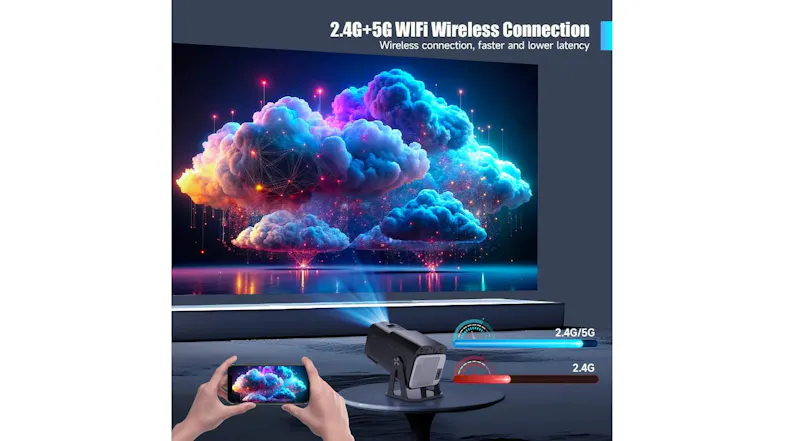 Magcubic projector wirelessly connected to a smartphone, with text highlighting 2.4G + 5G WiFi for faster streaming Magcubic projector wirelessly connected to a smartphone, with text highlighting 2.4G + 5G WiFi for faster streaming