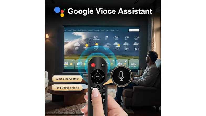 Projector shown with a remote control, projecting a weather interface, and text promoting Google Voice Assistant Projector shown with a remote control, projecting a weather interface, and text promoting Google Voice Assistant