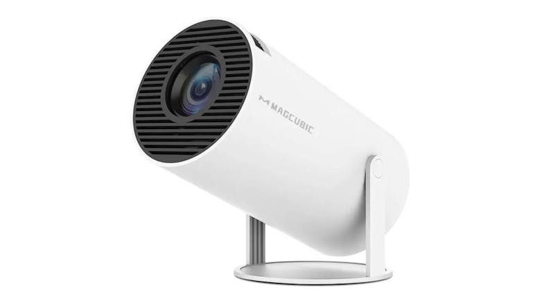 Magcubic HY300 projector in white with a cylindrical design, front lens, and adjustable round stand Magcubic HY300 projector in white with a cylindrical design, front lens, and adjustable round stand
