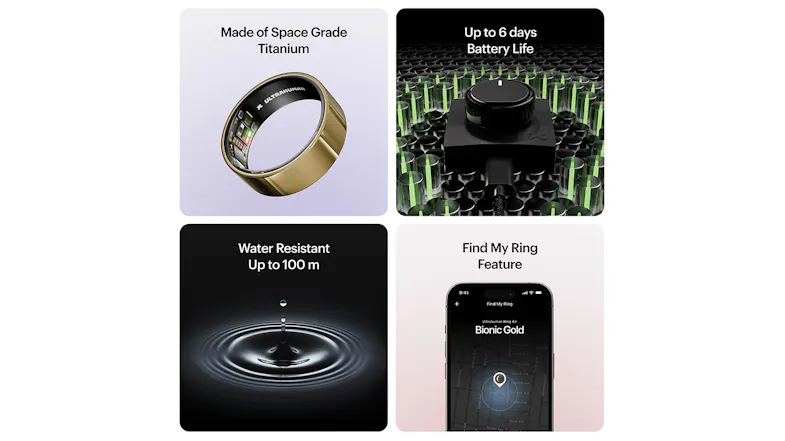 Visual summary of the Ultrahuman Ring Air's space-grade construction, 6-day battery life, water resistance, and find my ring Visual summary of the Ultrahuman Ring Air's space-grade construction, 6-day battery life, water resistance, and find my ring