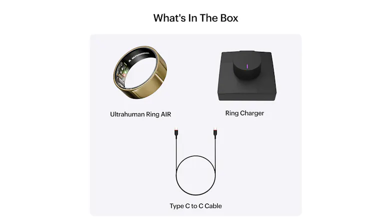 Product contents: Gold Ultrahuman ring, black charger, and USB cable Product contents: Gold Ultrahuman ring, black charger, and USB cable