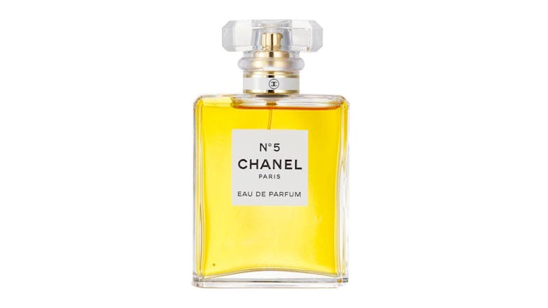 Front view of the Chanel No.5 Eau De Parfum 50ml bottle, showing its glass design and golden fragrance liquid Front view of the Chanel No.5 Eau De Parfum 50ml bottle, showing its glass design and golden fragrance liquid