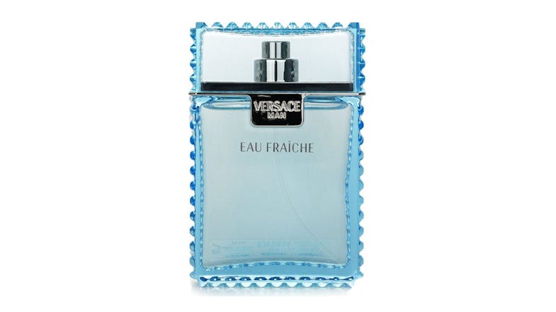 Blue Versace Eau Fraiche Eau de Toilette spray bottle with clear cap and embossed edges Blue Versace Eau Fraiche Eau de Toilette spray bottle with clear cap and embossed edges