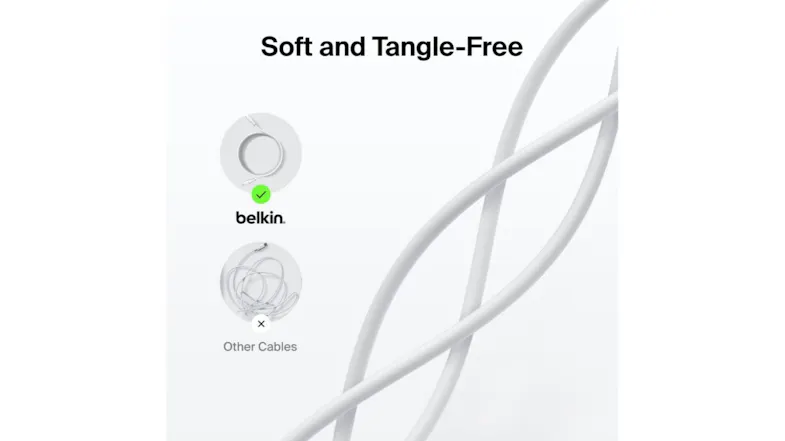 A comparison graphic showing Belkin cable as soft and tangle-free vs. other cables A comparison graphic showing Belkin cable as soft and tangle-free vs. other cables