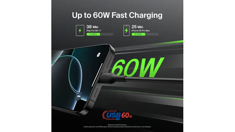A Belkin BoostCharge USB-C cable, the text reads ‘Up to 60W fast charging’ A Belkin BoostCharge USB-C cable, the text reads ‘Up to 60W fast charging’