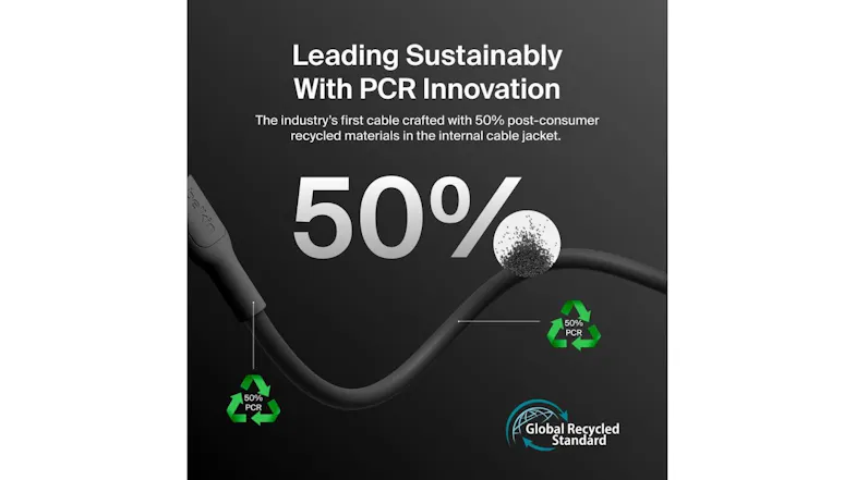 A graphic showcasing Belkin cable sustainability with 50% post-consumer recycled materials and Global Recycled Standard certification A graphic showcasing Belkin cable sustainability with 50% post-consumer recycled materials and Global Recycled Standard certification