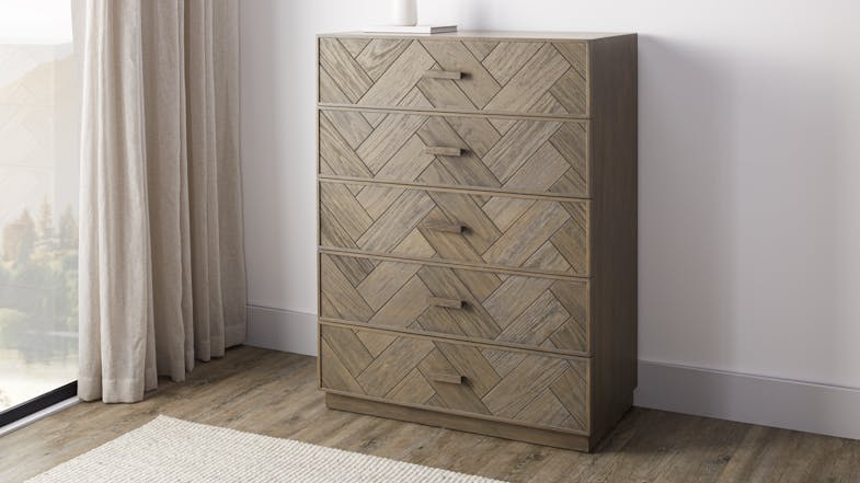 A view of the Carlisle 5 Drawer Tallboy in a brightly lit room A view of the Carlisle 5 Drawer Tallboy in a brightly lit room