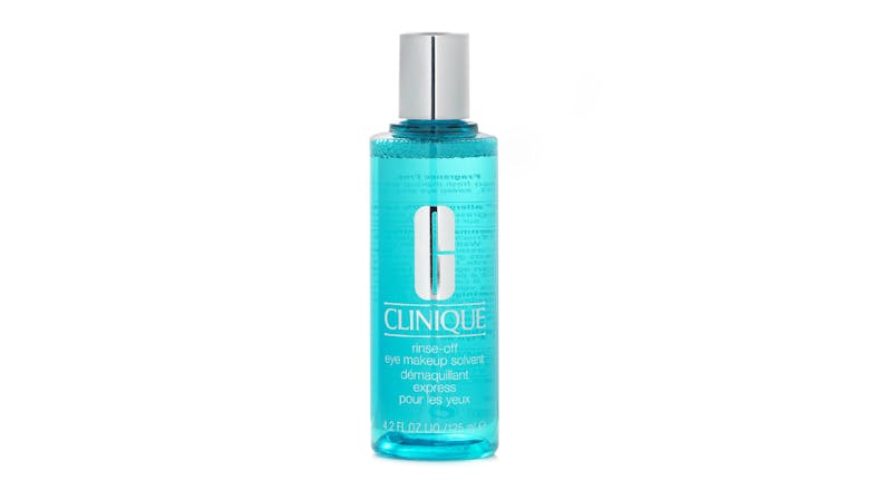 Front view of the Clinique Rinse-Off Eye Makeup Solvent in a blue bottle with a silver cap Front view of the Clinique Rinse-Off Eye Makeup Solvent in a blue bottle with a silver cap