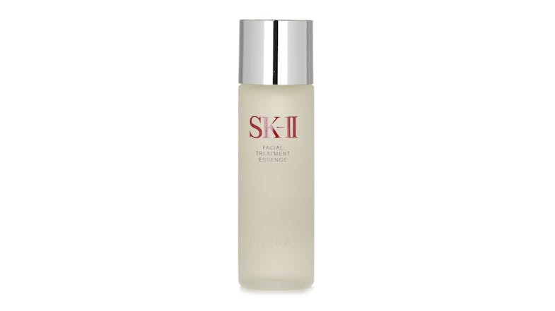 Front view of an SK-II Facial Treatment Essence bottle with a silver cap Front view of an SK-II Facial Treatment Essence bottle with a silver cap