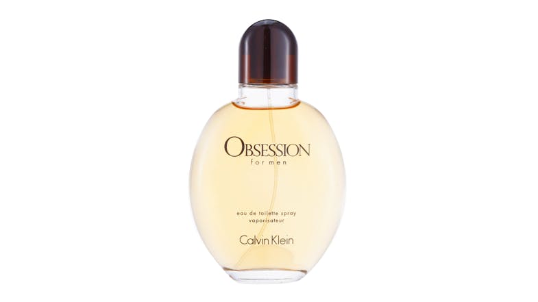 Front view of the Calvin Klein Obsession for Men fragrance in an oval bottle with a brown cap and amber liquid Front view of the Calvin Klein Obsession for Men fragrance in an oval bottle with a brown cap and amber liquid