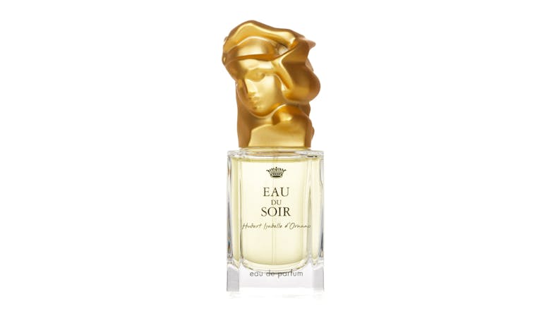 Sisley Eau Du Soir Eau De Parfum Spray bottle featuring a sculpted gold cap and clear glass Sisley Eau Du Soir Eau De Parfum Spray bottle featuring a sculpted gold cap and clear glass