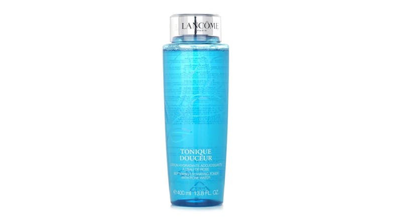 Front view of the Lancôme Tonique Douceur toner bottle, a tall, blue transparent container with a silver cap Front view of the Lancôme Tonique Douceur toner bottle, a tall, blue transparent container with a silver cap