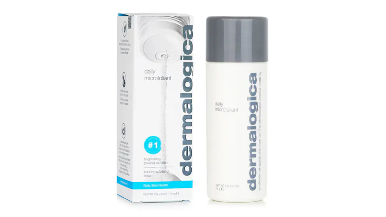 Dermalogica Microfoliant bottle with a grey cap next to the product box Dermalogica Microfoliant bottle with a grey cap next to the product box