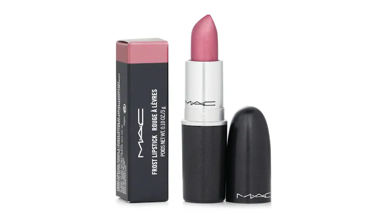 A MAC Plum Dandy lipstick is shown open with its black cap beside it, and the packaging is standing next to the product A MAC Plum Dandy lipstick is shown open with its black cap beside it, and the packaging is standing next to the product