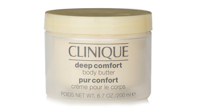 A front view of the Clinique Deep Comfort Body Butter in a 200ml jar with a beige lid A front view of the Clinique Deep Comfort Body Butter in a 200ml jar with a beige lid