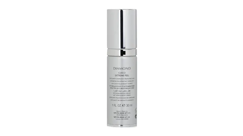 The back view of a silver skincare serum bottle shows product details and a label The back view of a silver skincare serum bottle shows product details and a label