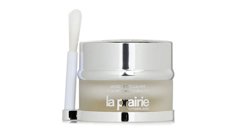 Front view of the La Prairie Cellular 3-Minute Peel jar with silver lid and white applicator brush Front view of the La Prairie Cellular 3-Minute Peel jar with silver lid and white applicator brush