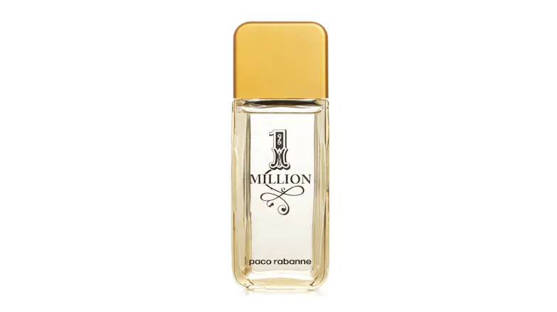 Paco Rabanne's 1 Million After Shave Lotion bottle features a gold cap and a clear glass design Paco Rabanne's 1 Million After Shave Lotion bottle features a gold cap and a clear glass design