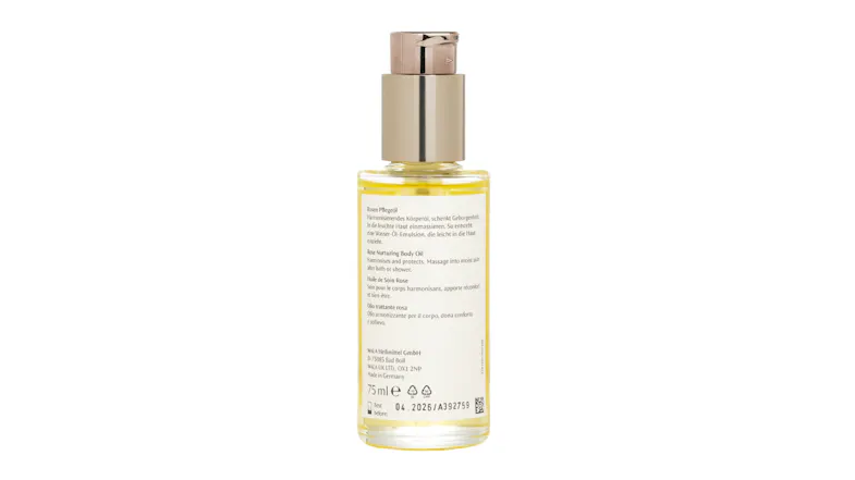 Back view of the Dr. Hauschka Rose Nurturing Body Oil bottle, including product details Back view of the Dr. Hauschka Rose Nurturing Body Oil bottle, including product details