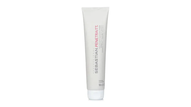 A white squeeze tube of Sebastian Penetraitt hair treatment, labeled as a deep strengthening and repair-masque for damaged hair A white squeeze tube of Sebastian Penetraitt hair treatment, labeled as a deep strengthening and repair-masque for damaged hair