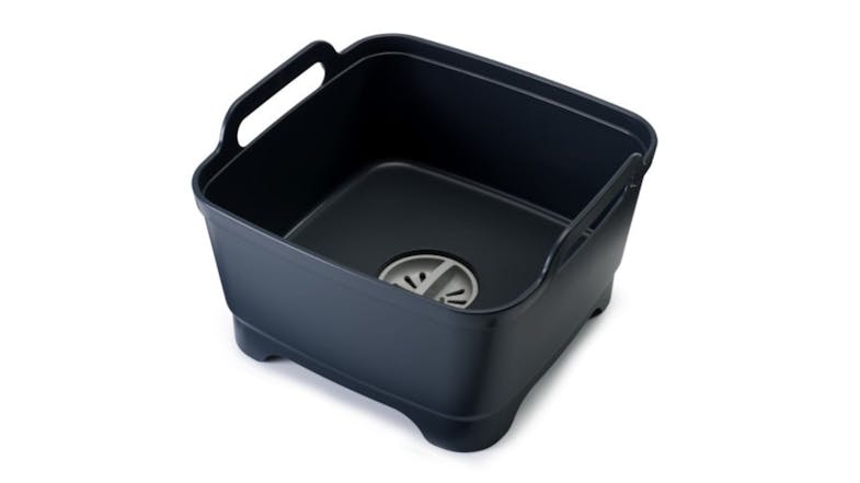 Black portable washing-up bowl with integrated drain plug and side handles Black portable washing-up bowl with integrated drain plug and side handles