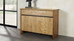 Raglan Buffet Table with a natural wood finish and bold grain patterns, featuring two doors and a drawer Raglan Buffet Table with a natural wood finish and bold grain patterns, featuring two doors and a drawer