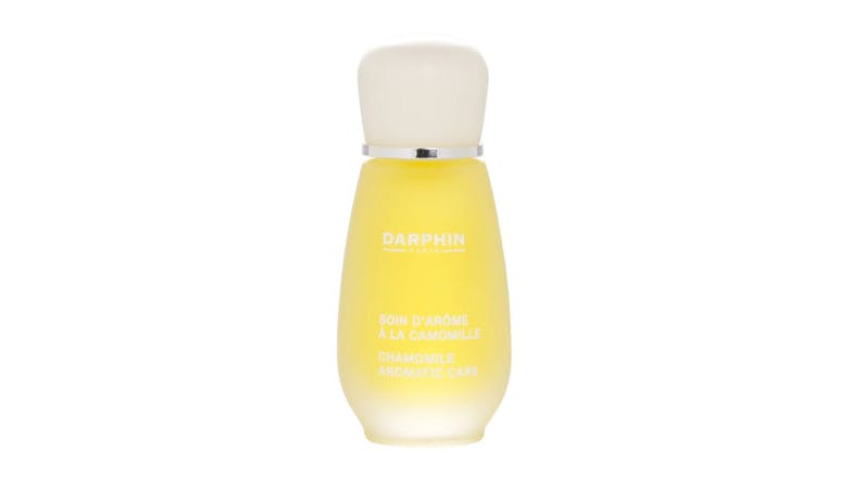 Yellow Darphin Chamomile Aromatic Care bottle with a frosted finish and white cap, featuring silver trim Yellow Darphin Chamomile Aromatic Care bottle with a frosted finish and white cap, featuring silver trim
