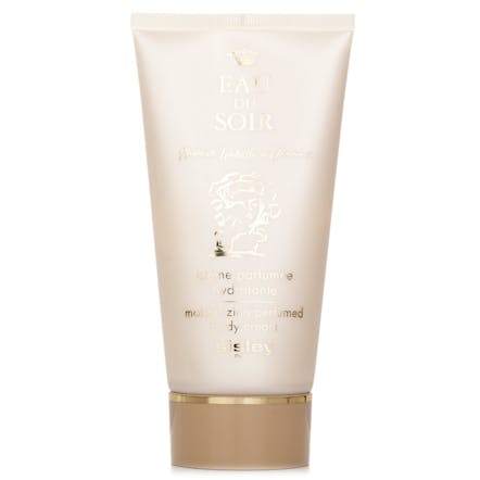 A front view of the beige tube for Sisley Eau Du Soir Body Cream displays gold text and design A front view of the beige tube for Sisley Eau Du Soir Body Cream displays gold text and design