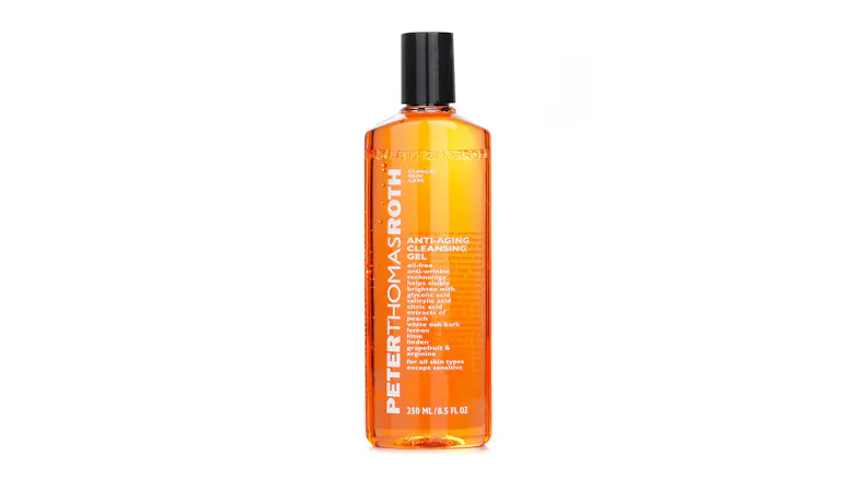 Front view of Peter Thomas Roth Anti-Aging Cleansing Gel in an 8.5 oz translucent orange bottle Front view of Peter Thomas Roth Anti-Aging Cleansing Gel in an 8.5 oz translucent orange bottle