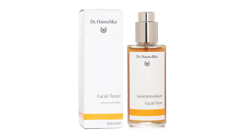 Dr. Hauschka Facial Toner 100ml bottle standing next to its white and yellow product box Dr. Hauschka Facial Toner 100ml bottle standing next to its white and yellow product box