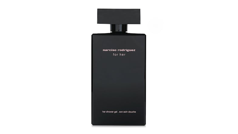 Front view of the Narciso Rodriguez For Her Shower Gel in a sleek black rectangular bottle Front view of the Narciso Rodriguez For Her Shower Gel in a sleek black rectangular bottle