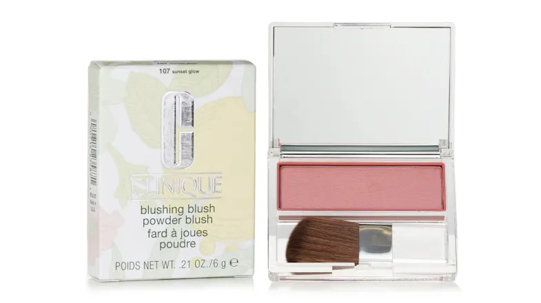 A front angle of Clinique Blush Powder Blush beside its floral-patterned box A front angle of Clinique Blush Powder Blush beside its floral-patterned box