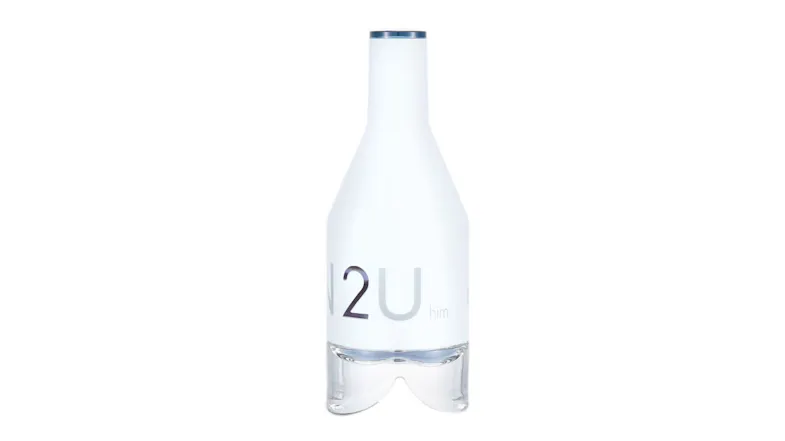Back view of the Calvin Klein IN2U Eau De Toilette spray bottle Back view of the Calvin Klein IN2U Eau De Toilette spray bottle